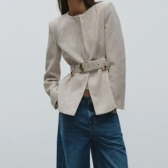 Zara Cream And Gold Textured Women's Blazer - Picture 16 of 16